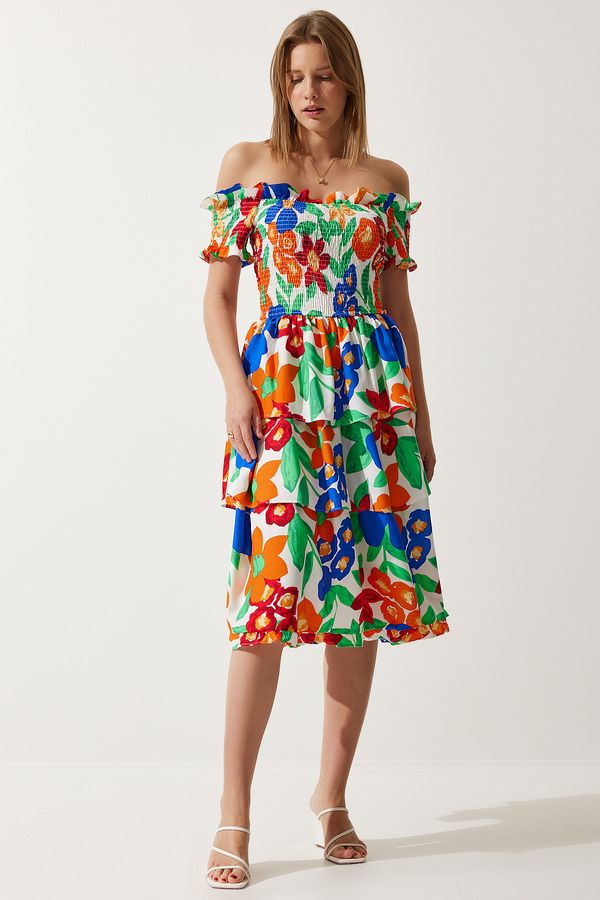 Happiness İstanbul Happiness İstanbul Women's Orange Blue Floral Flounce Summer Viscose Dress