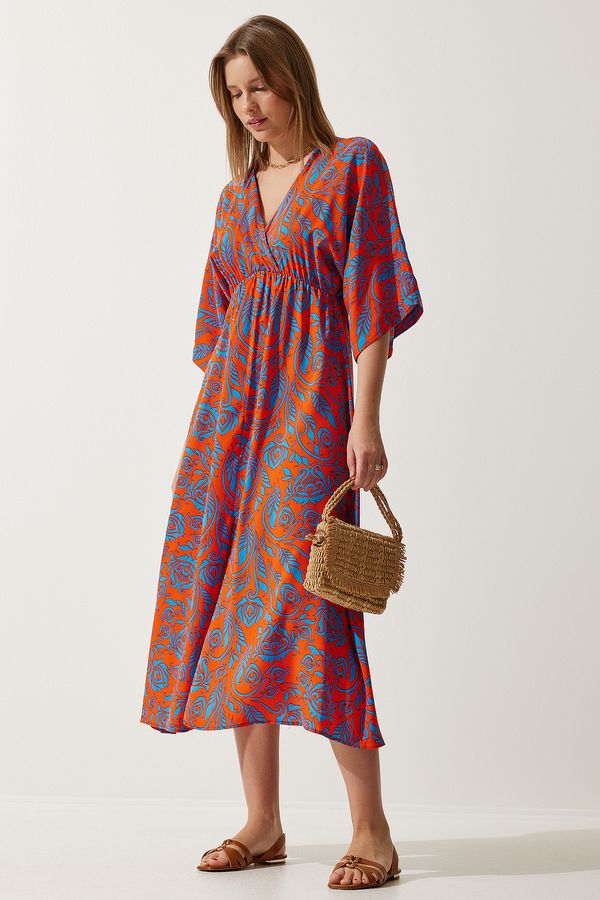 Happiness İstanbul Happiness İstanbul Women's Orange Blue Wrapover Neck Patterned Summer Viscose Dress