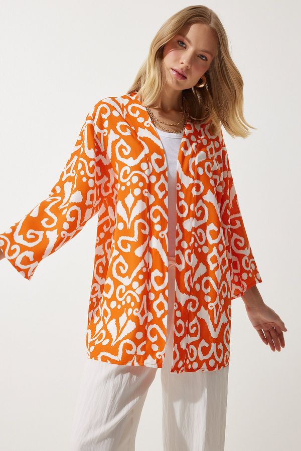 Happiness İstanbul Happiness İstanbul Women's Orange Ecru Patterned Viscose Kimono