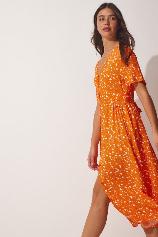 Happiness İstanbul Happiness İstanbul Women's Orange Floral Viscose Summer Dress with One Button