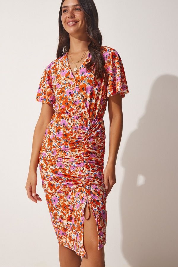Happiness İstanbul Happiness İstanbul Women's Orange Floral Wrap Neck Summer Dress