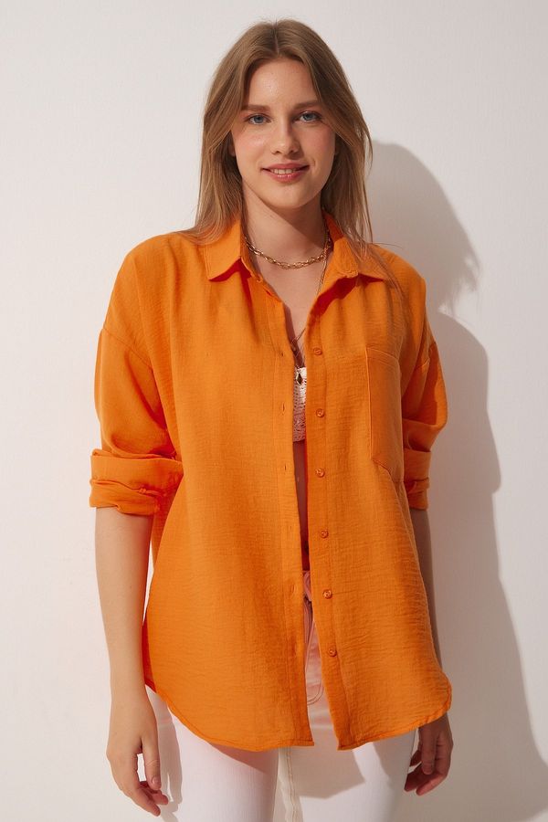 Happiness İstanbul Happiness İstanbul Women's Orange Oversize Linen Ayrobin Shirt