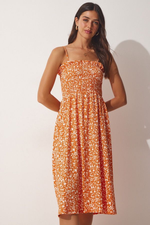 Happiness İstanbul Happiness İstanbul Women's Orange Strap Floral Summer Viscose Dress