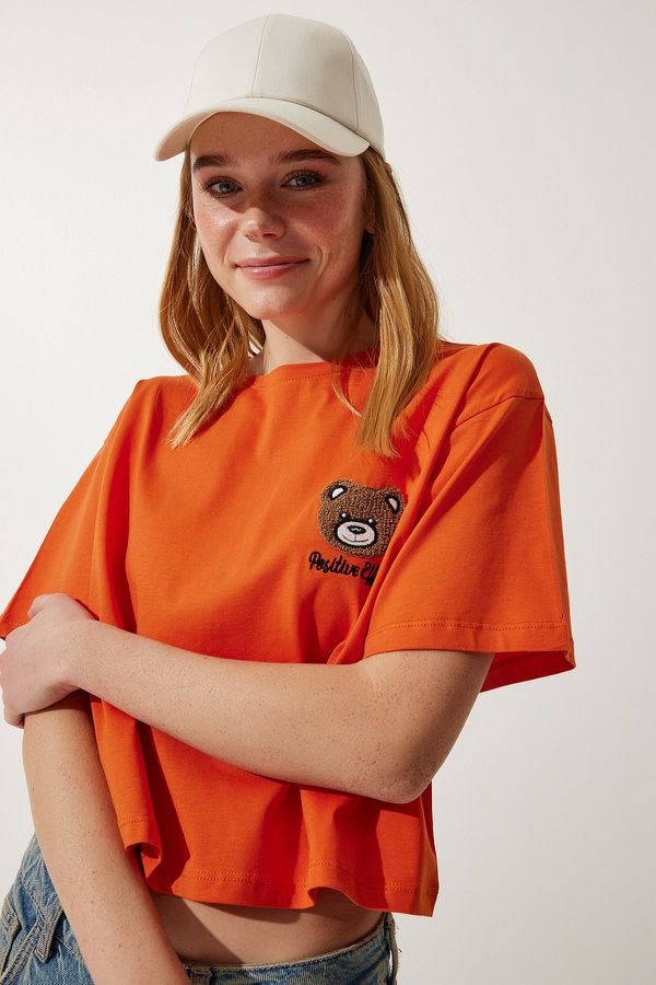 Happiness İstanbul Happiness İstanbul Women's Orange Teddy Bear Crest Crop Knitted T-Shirt