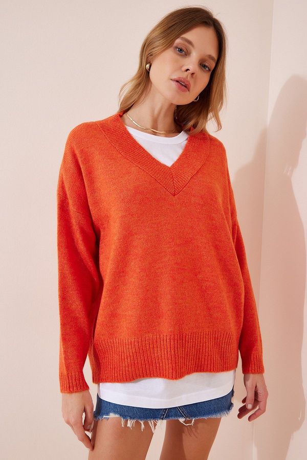 Happiness İstanbul Happiness İstanbul Women's Orange V-Neck Oversize Knitwear Sweater