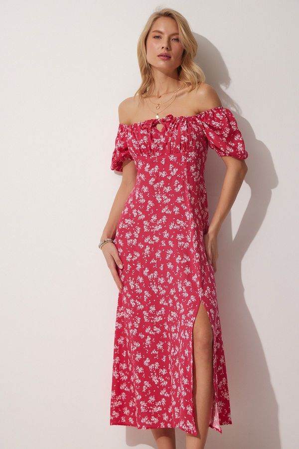 Happiness İstanbul Happiness İstanbul Women's Pink Carmen Collar Floral Summer Viscose Dress