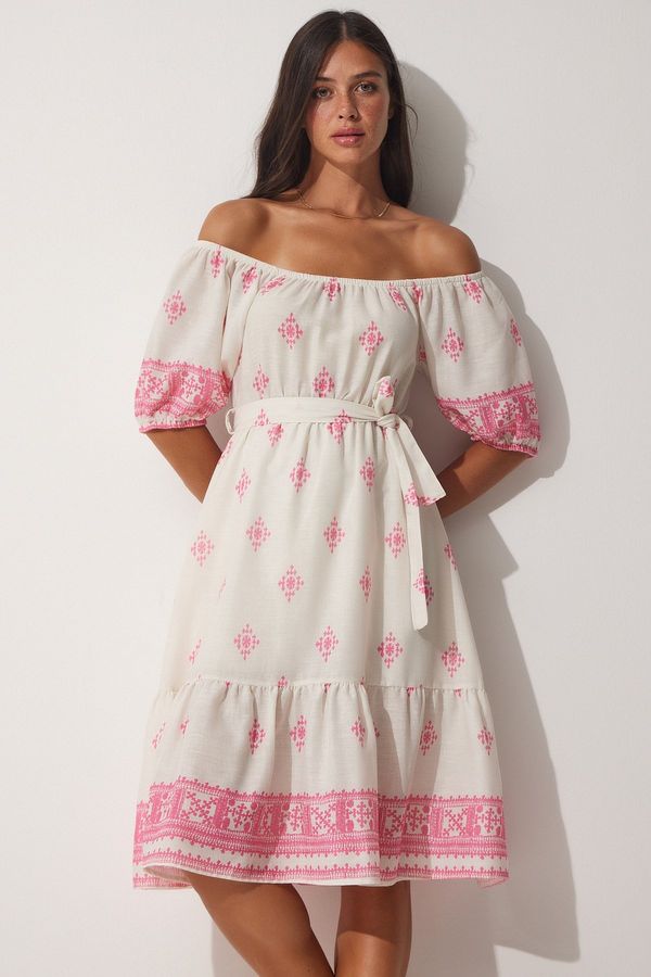 Happiness İstanbul Happiness İstanbul Women's Pink Cream Patterned Carmen Collar Summer Linen Dress