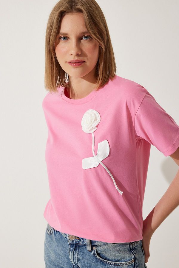 Happiness İstanbul Happiness İstanbul Women's Pink Flower Detailed Cotton Oversize T-Shirt
