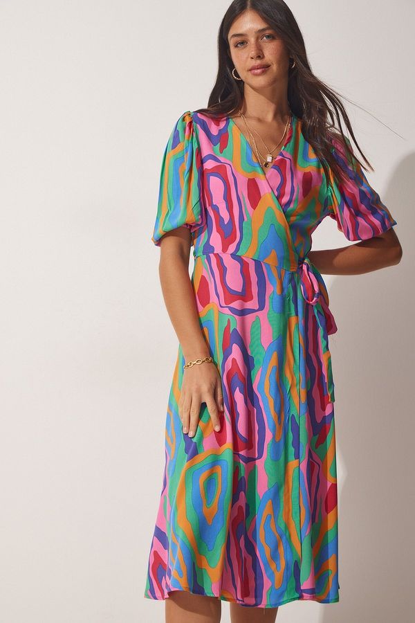 Happiness İstanbul Happiness İstanbul Women's Pink Green Patterned Wrapped Viscose Dress
