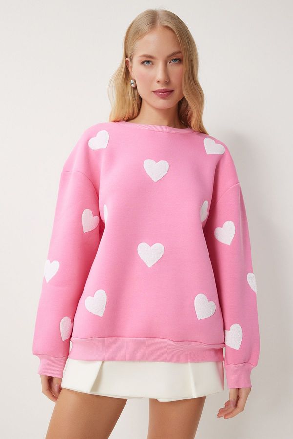 Happiness İstanbul Happiness İstanbul Women's Pink Heart Textured Raised Knitted Sweatshirt