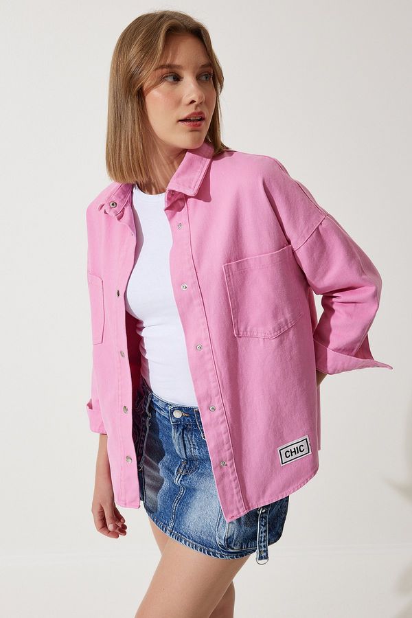 Happiness İstanbul Happiness İstanbul Women's Pink Oversize Gabardine Jacket with Pockets