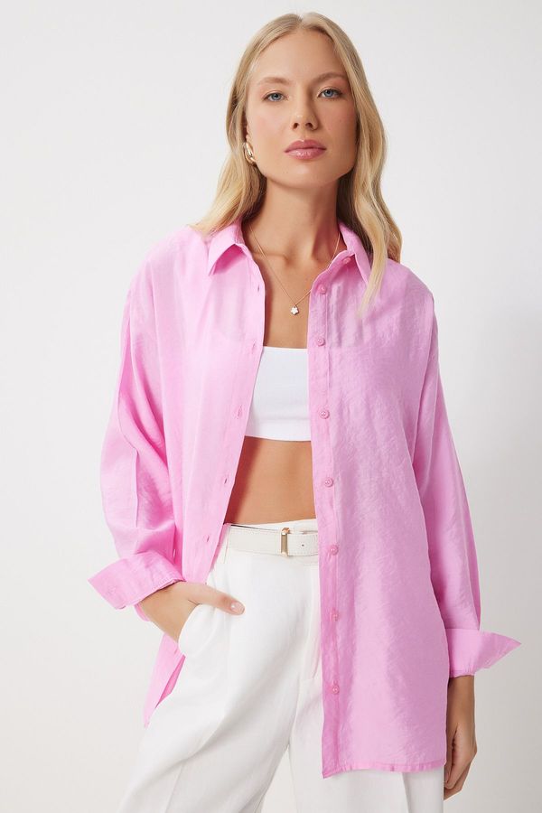 Happiness İstanbul Happiness İstanbul Women's Pink Oversize Long Linen Ayrobin Shirt
