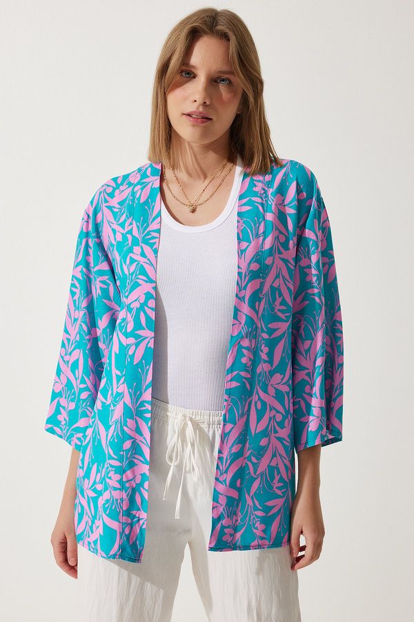 Happiness İstanbul Happiness İstanbul Women's Pink Sky Blue Patterned Viscose Kimono