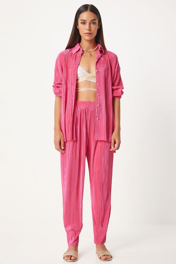 Happiness İstanbul Happiness İstanbul Women's Pink Stylish Buttoned Pleated Shirt and Trousers Suit