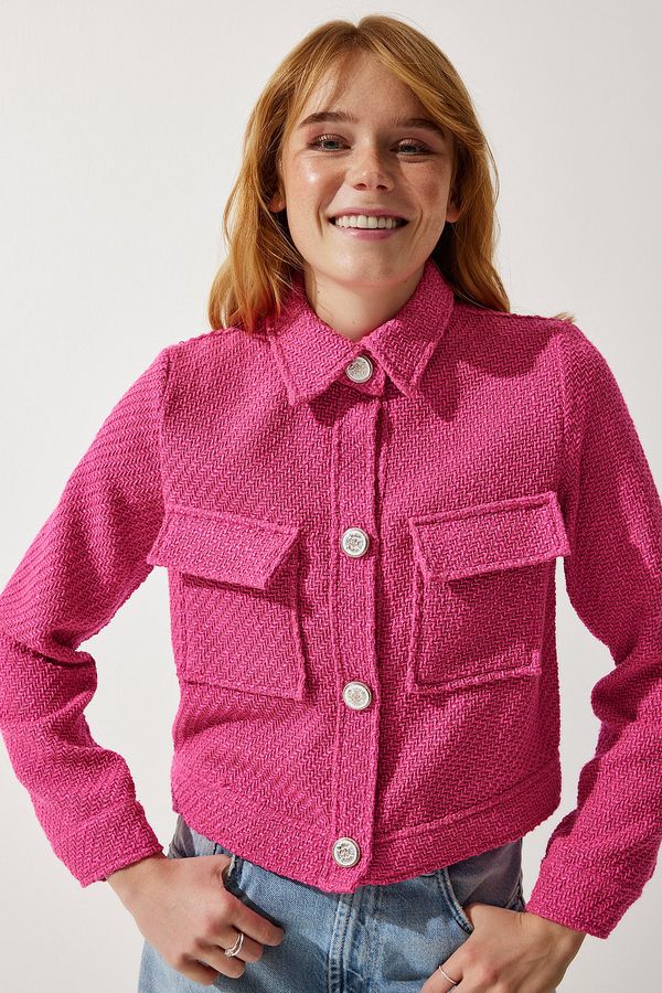Happiness İstanbul Happiness İstanbul Women's Pink Stylish Buttoned Woven Tweed Jacket