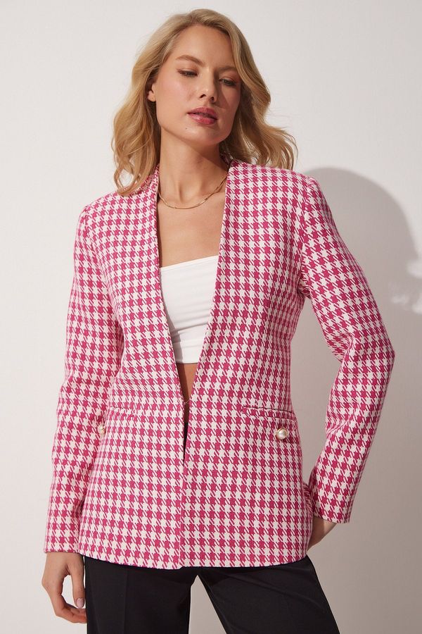 Happiness İstanbul Happiness İstanbul Women's Pink Textured Houndstooth Patterned Blazer Jacket