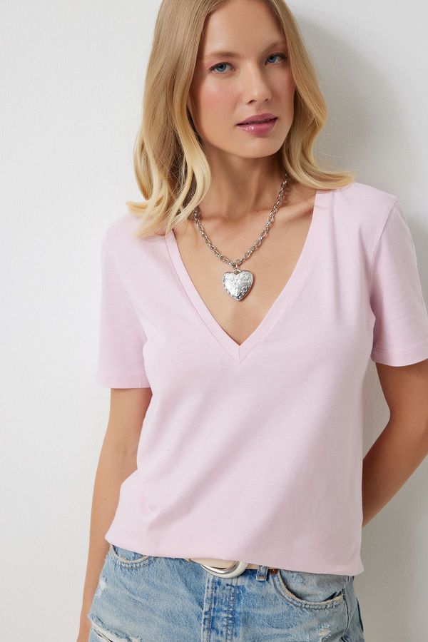 Happiness İstanbul Happiness İstanbul Women's Pink V-Neck Basic Knitted T-Shirt