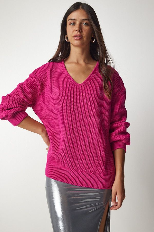 Happiness İstanbul Happiness İstanbul Women's Pink V-Neck Oversize Basic Knitwear Sweater