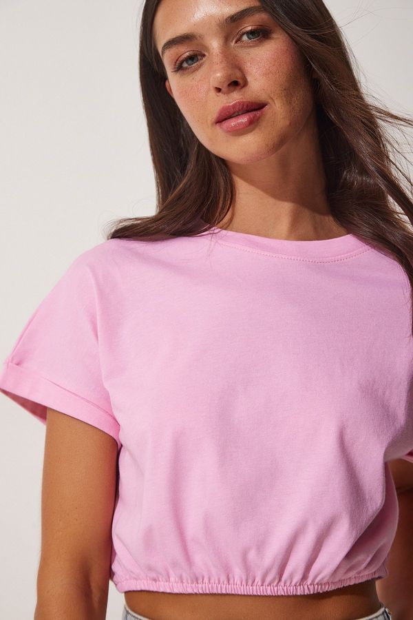 Happiness İstanbul Happiness İstanbul Women's Pink Waist Elastic Crop T-Shirt
