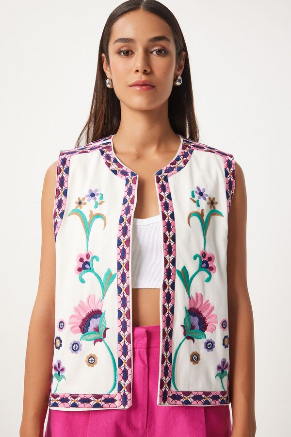 Happiness İstanbul Happiness İstanbul Women's Pink White Embroidery Detailed Linen Vest