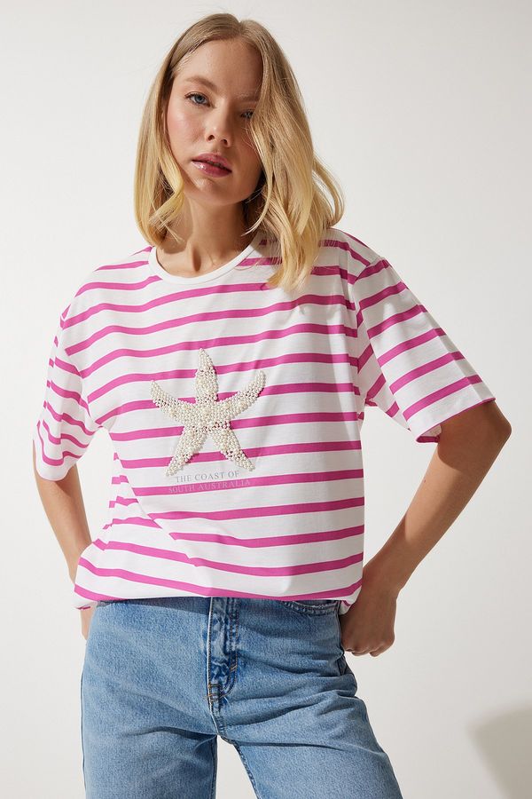 Happiness İstanbul Happiness İstanbul Women's Pink White Striped Star Pearl Embroidered Oversize Knitted T-Shirt