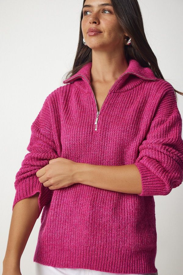 Happiness İstanbul Happiness İstanbul Women's Pink Zipper Collar Knitwear Sweater