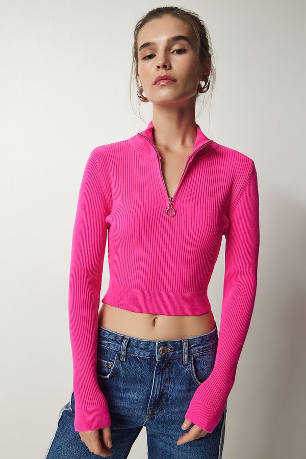 Happiness İstanbul Happiness İstanbul Women's Pink Zipper Ribbed Crop Knitwear Sweater