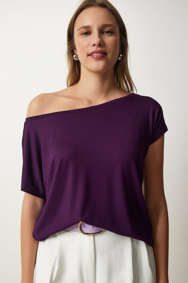 Happiness İstanbul Happiness İstanbul Women's Plum Boat Neck Basic Blouse
