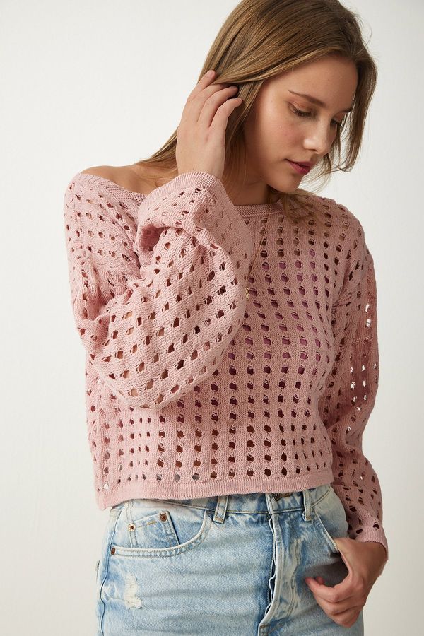 Happiness İstanbul Happiness İstanbul Women's Powder Openwork Crop Knitwear Sweater