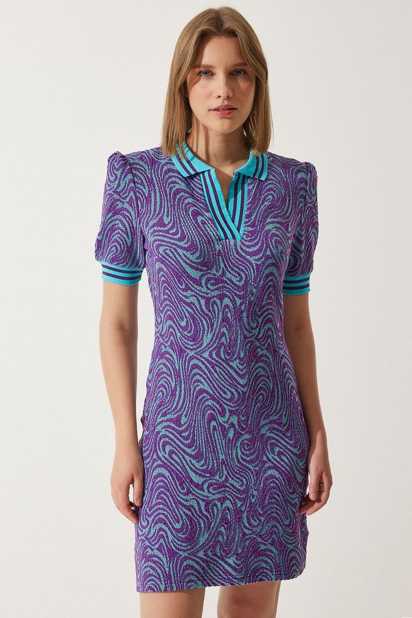 Happiness İstanbul Happiness İstanbul Women's Purple Patterned Polo Collar Knitwear Dress