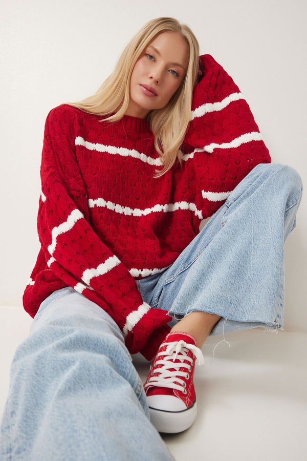 Happiness İstanbul Happiness İstanbul WOMEN'S RED BALLOON SLEEVE STRIPED KNITWEAR SWEATER HI00003