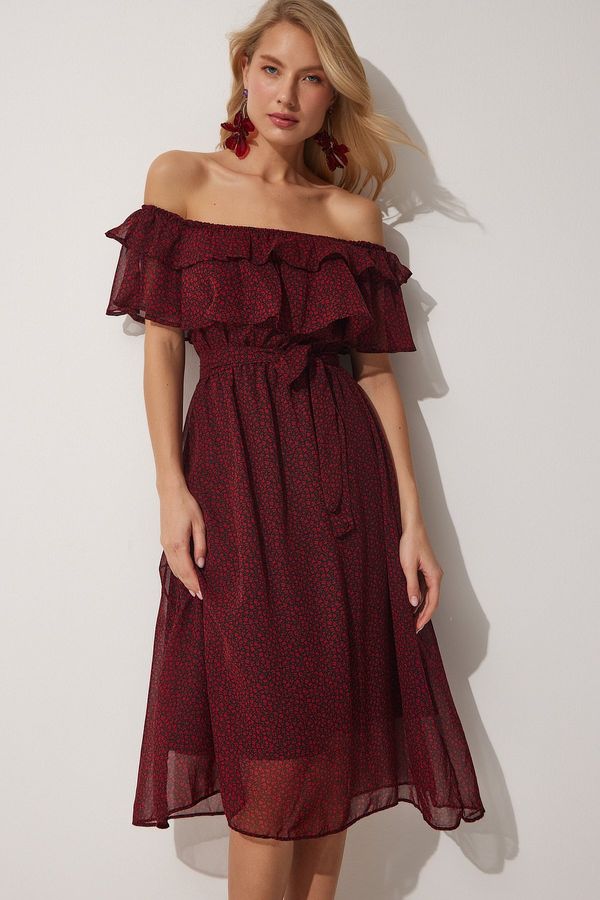 Happiness İstanbul Happiness İstanbul Women's Red Black Carmen Collar Floral Summer Chiffon Dress