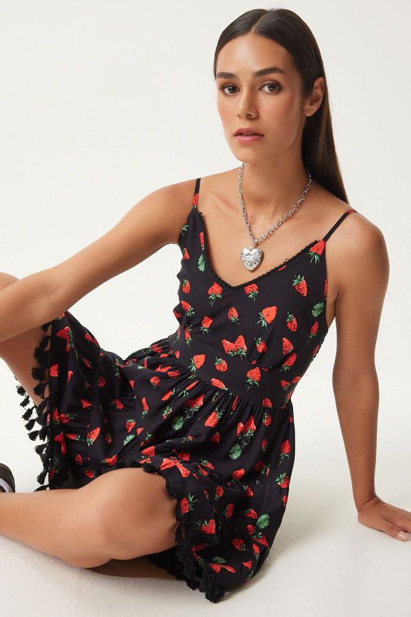 Happiness İstanbul Happiness İstanbul Women's Red Black Patterned Strappy Summer Viscose Dress