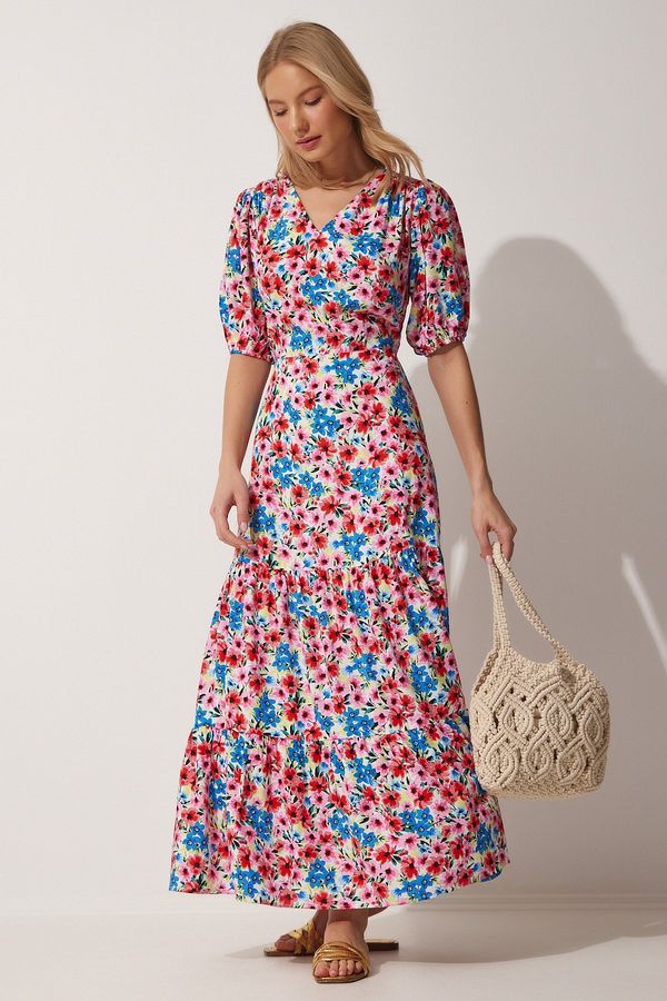 Happiness İstanbul Happiness İstanbul Women's Red Blue Floral V Neck Summer Woven Dress