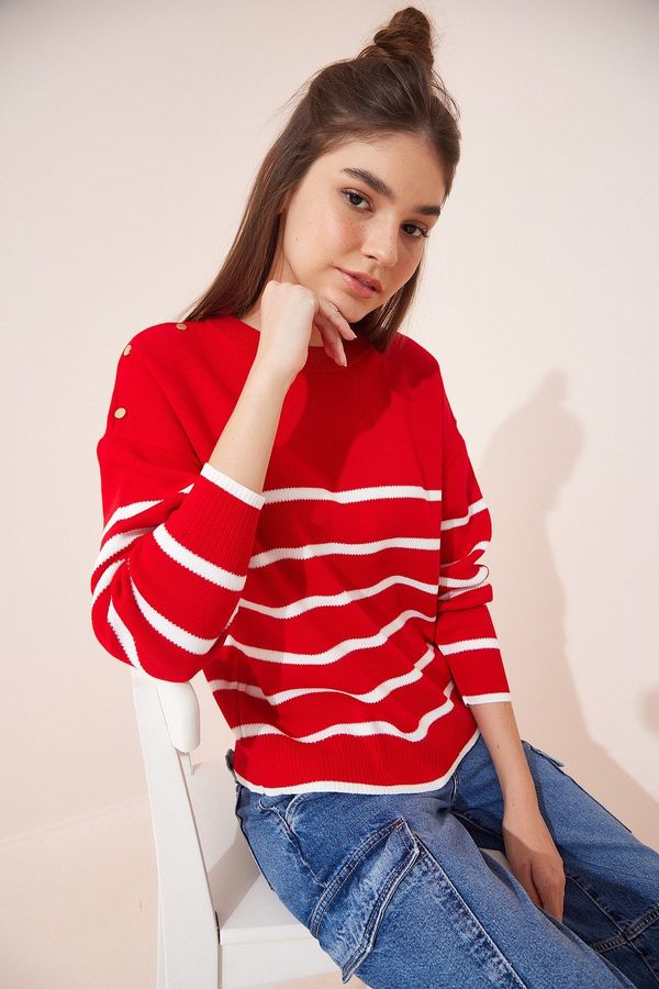 Happiness İstanbul Happiness İstanbul Women's Red Button Detailed Striped Knitwear Sweater