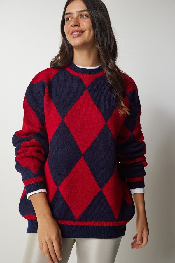 Happiness İstanbul Happiness İstanbul Women's Red Diamond Pattern Oversize Knitwear Sweater