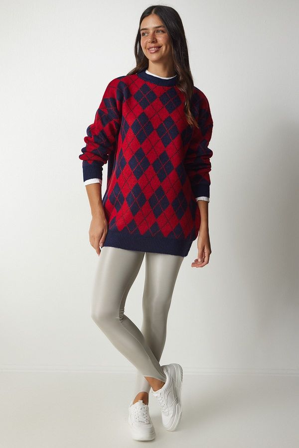 Happiness İstanbul Happiness İstanbul Women's Red Diamond Pattern Oversize Knitwear Sweater