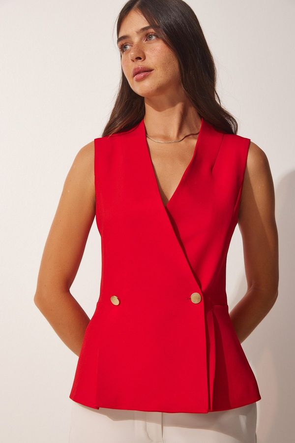 Happiness İstanbul Happiness İstanbul Women's Red Double Breasted Buttoned Woven Vest