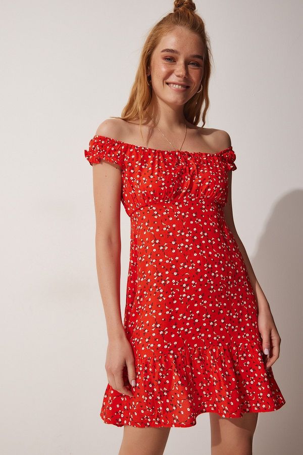 Happiness İstanbul Happiness İstanbul Women's Red Floral Summer Gathered Viscose Dress