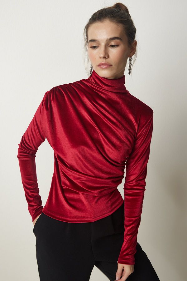 Happiness İstanbul Happiness İstanbul Women's Red Gathered Collar Stylish Velvet Blouse