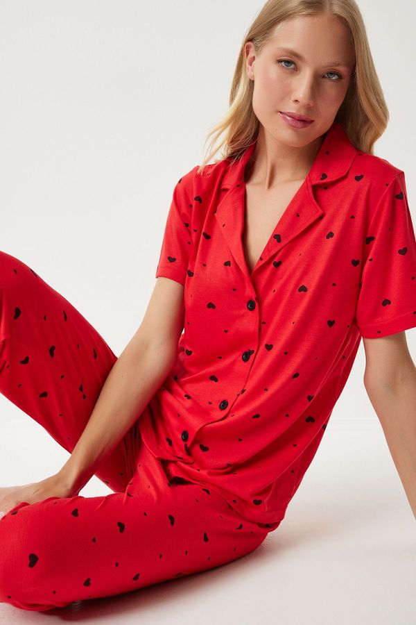 Happiness İstanbul Happiness İstanbul Women's Red Heart Shirt Trousers Pajama Set