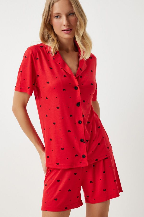 Happiness İstanbul Happiness İstanbul Women's Red Heart Viscose Shorts Shirt Pajama Set