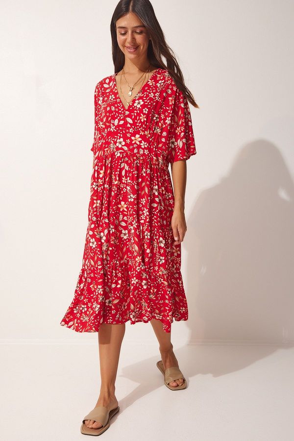 Happiness İstanbul Happiness İstanbul Women's Red Patterned V-Neck Summer Dress
