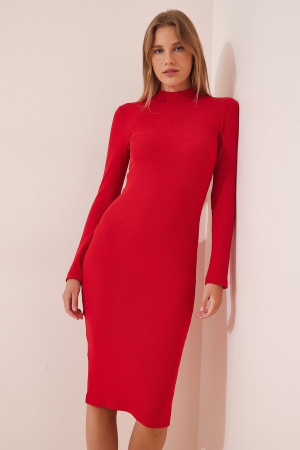 Happiness İstanbul Happiness İstanbul Women's Red Turtleneck Lycra Corded Knitted Dress