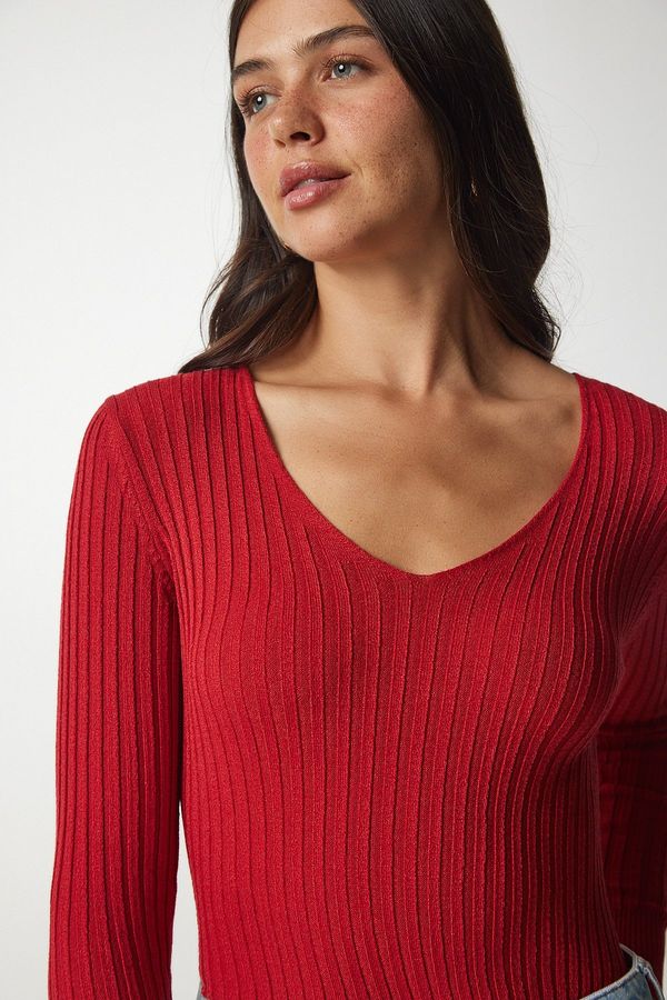 Happiness İstanbul Happiness İstanbul Women's Red V-Neck Basic Ribbed Basic Blouse