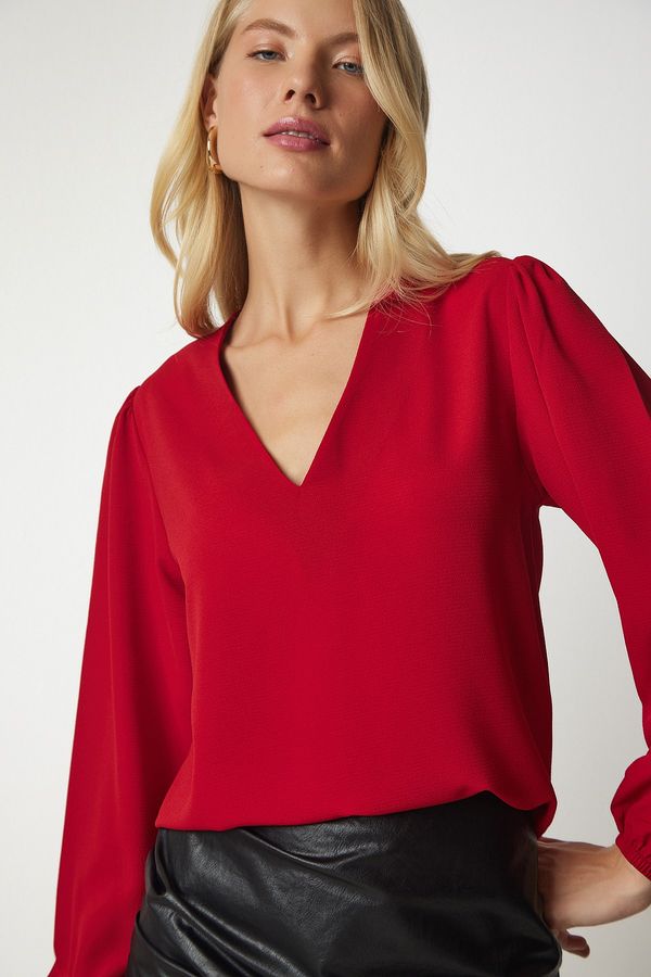 Happiness İstanbul Happiness İstanbul Women's Red V-Neck Crepe Blouse