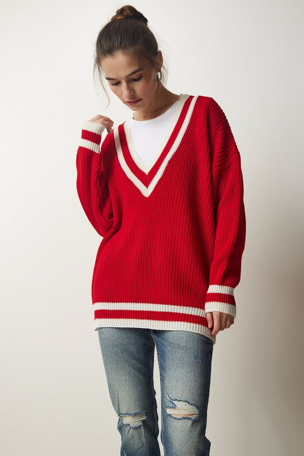 Happiness İstanbul Happiness İstanbul Women's Red V-Neck Stripe Detailed Oversize Knitwear Sweater