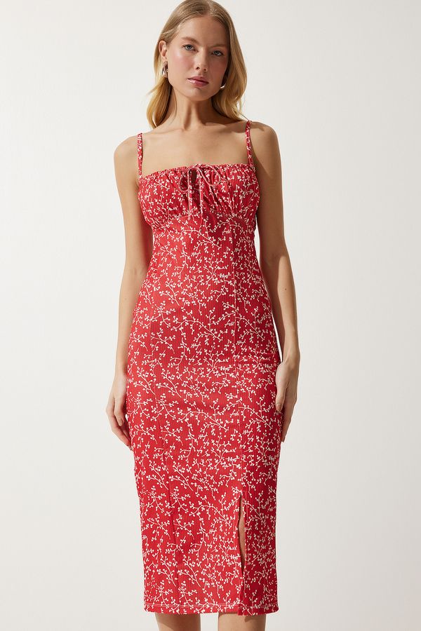 Happiness İstanbul Happiness İstanbul Women's Red White Floral Slit Summer Knitted Dress