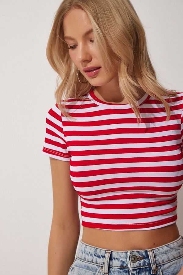 Happiness İstanbul Happiness İstanbul Women's Red White Striped Crop Knitted T-Shirt