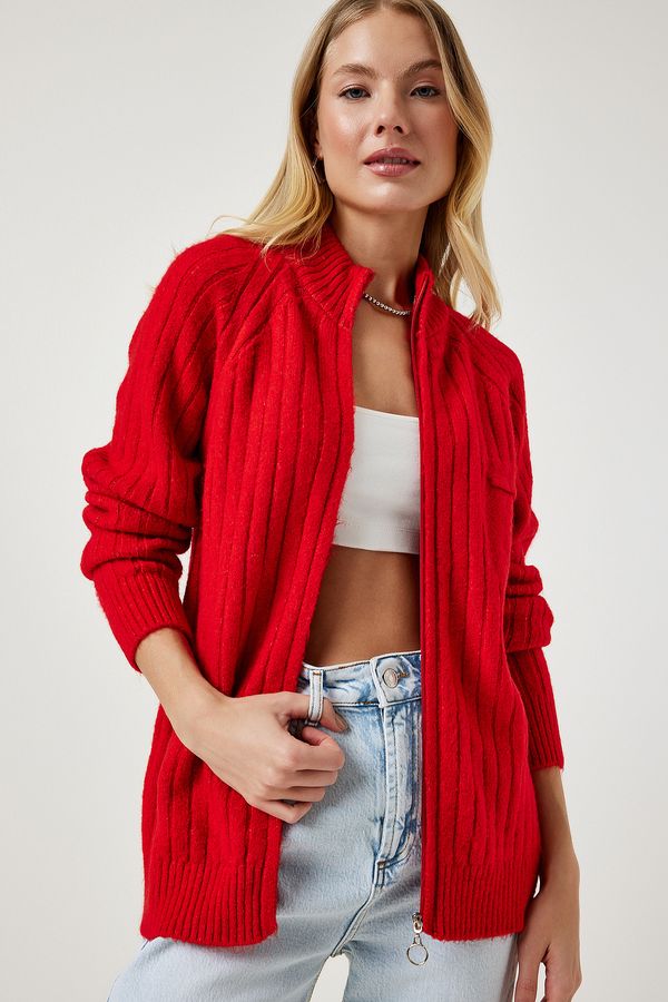 Happiness İstanbul Happiness İstanbul Women's Red Zippered Knitwear Cardigan
